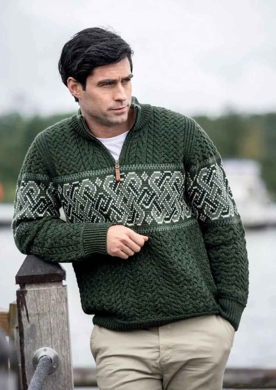 Aran Crafts Celtic Jacquard Zip Sweater for Women & Men | Green Irish Wool Pullover | Warm Winter Knitwear for Outdoor Activities & Casual Wear