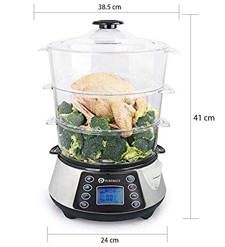 NaturoPure 11.5L Electric Food Steamer - 3-Tier Stainless Steel Steamer with 6 Preset Modes, 99-Minute Timer & 800W Power - Perfect for Healthy Cooking, Meal Prep & Rice Steaming (Includes Rice Bowl)