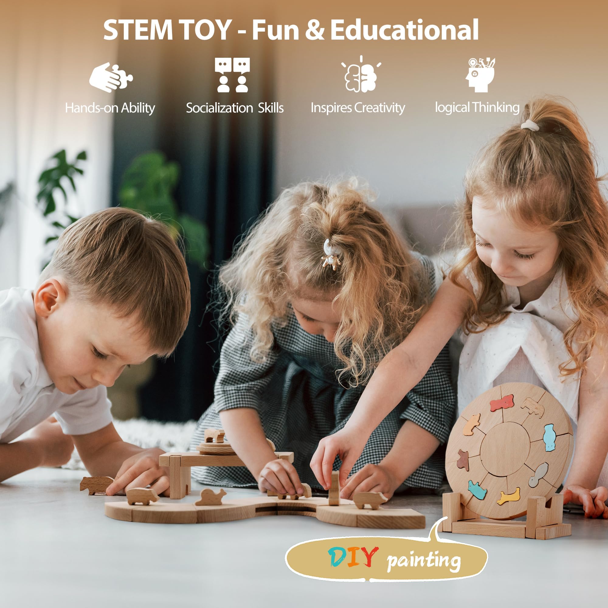 TYP101 2-in-1 Thickened Wooden Puzzle Blocks - Montessori STEM Educational Toys for Kids Ages 3+ | Premium Beech Wood Building Blocks with Interlocking Stackable Design | Includes Display & Storage Stand | Perfect for Preschool Learning, Fine Motor Skills Development & Creative Play at Home or Classroom