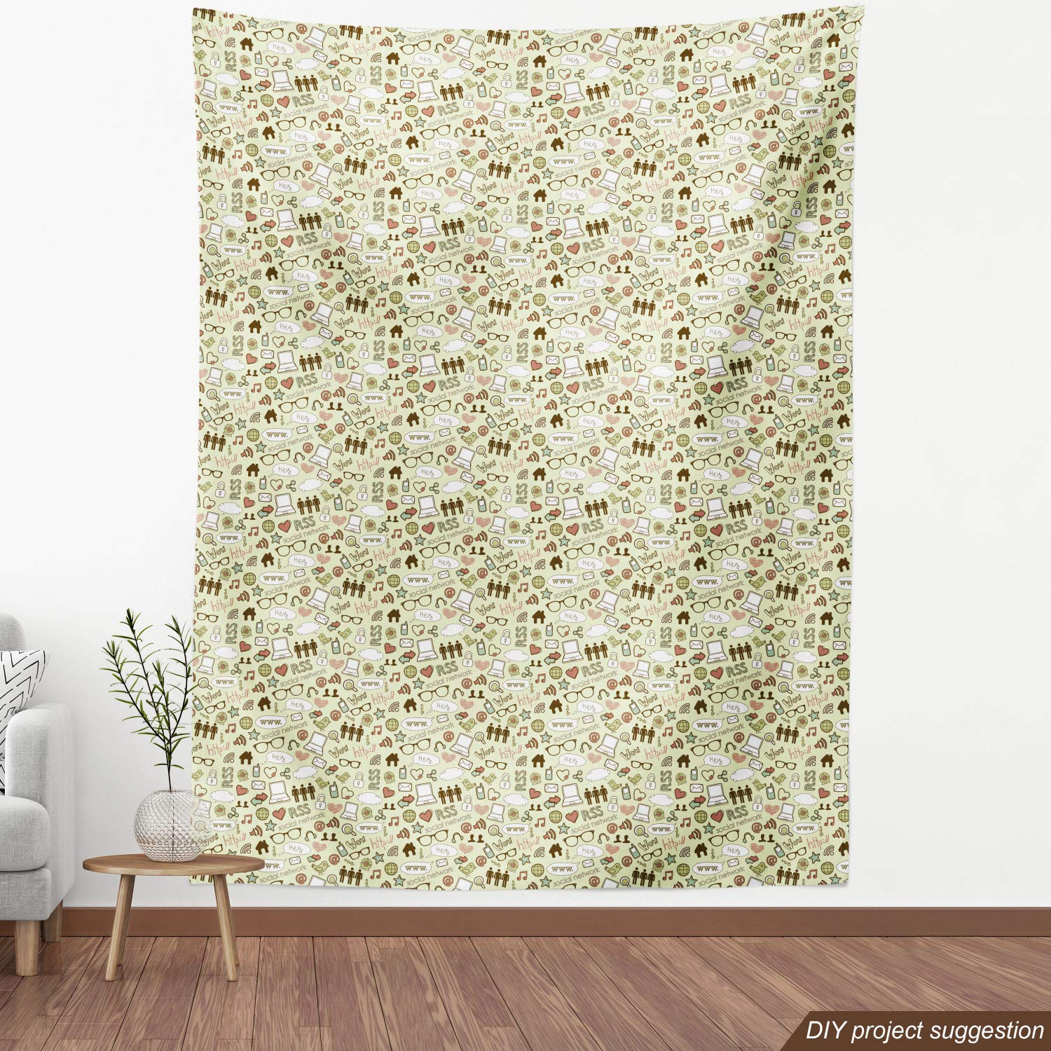 Ambesonne Geek Fabric by The Yard - IT Themed Computer Laptop Glasses & Social Network Print - 10 Yards Pale Green Upholstery Fabric for DIY Home Decor, Curtains, Pillows & Craft Projects