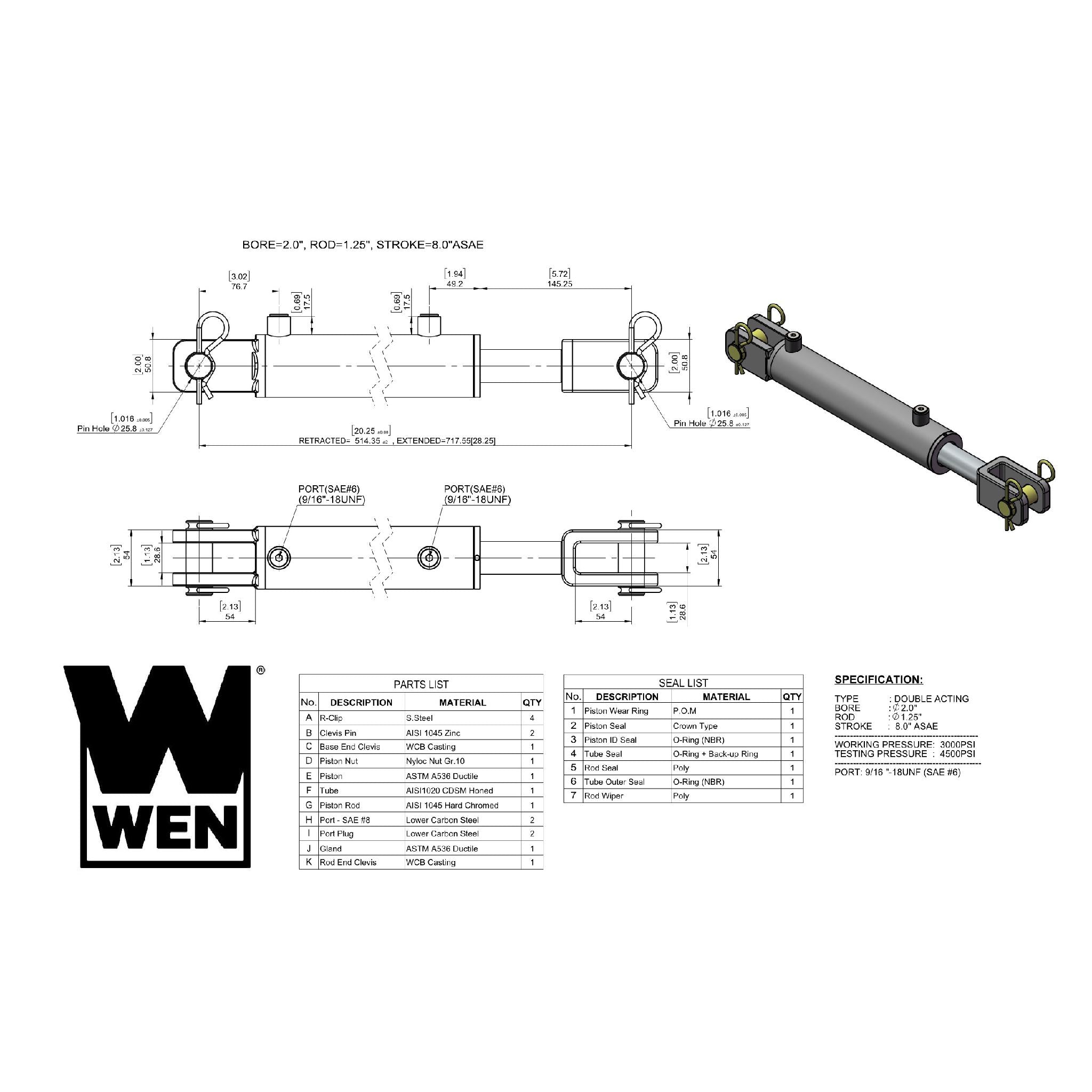 WEN CC2008A Clevis ASAE Hydraulic Cylinder - 2 Inch Bore, 8 Inch Stroke for Heavy-Duty Equipment, Farm Machinery & Industrial Applications