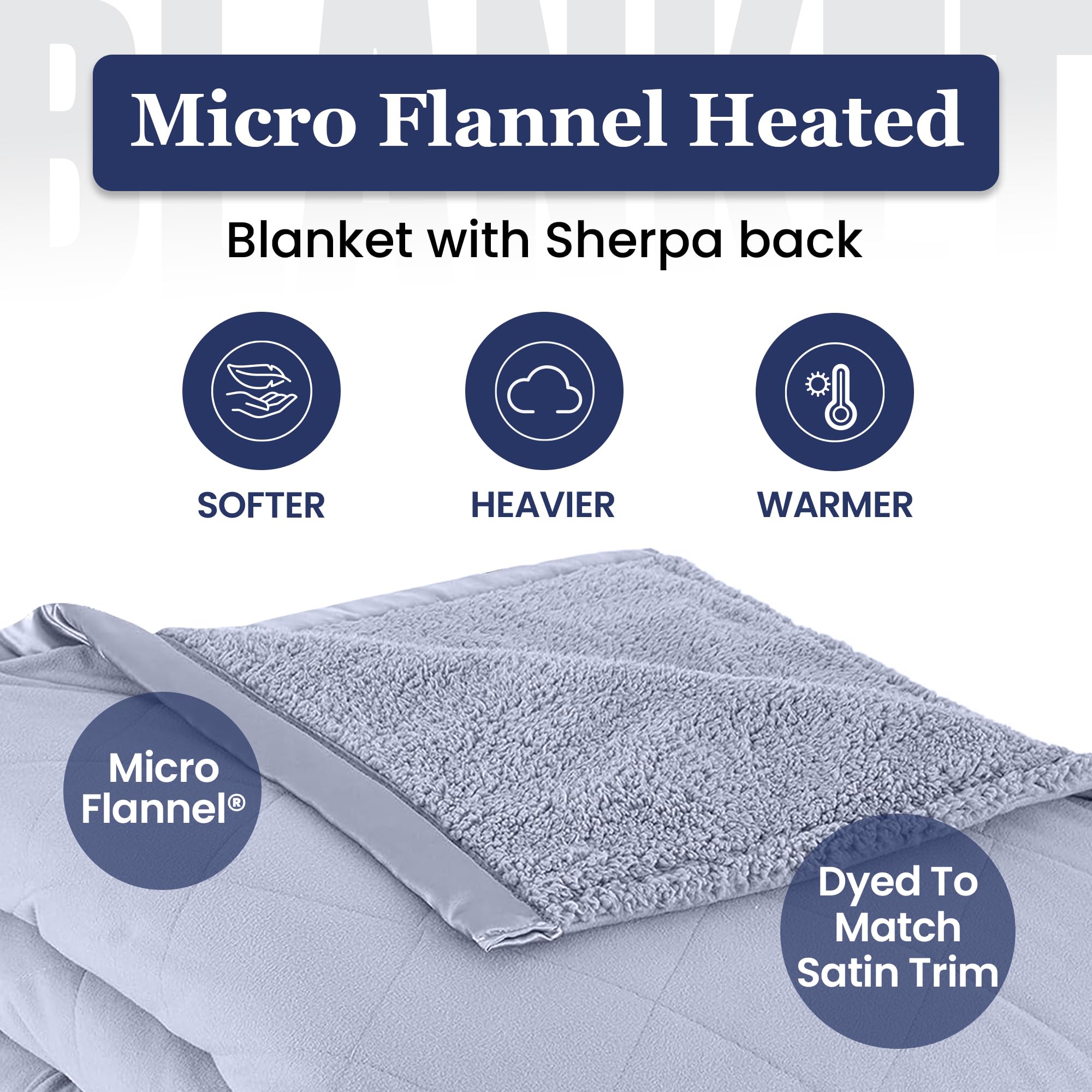 Thermee Micro Flannel Heated Blanket with Sherpa Back - 10 Heat Settings Electric Blanket for Twin Bed, Programmable Warming Throw, Ultra-Soft Fast Heating Thermal Blanket (Blue) - Perfect for Cold Nights, Winter Bedding & Cozy Home Comfort