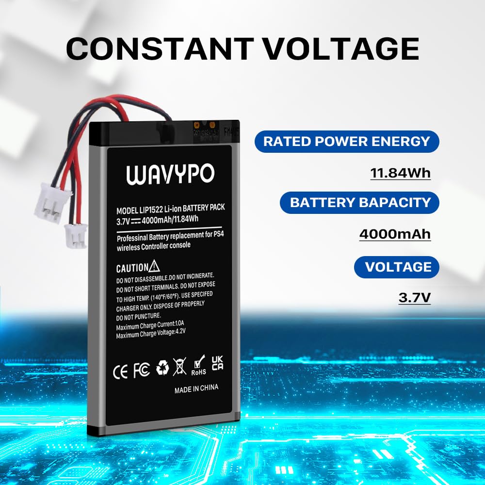 WAVYPO 2 Pack 4000mAh Replacement Battery for PS4 Controller - Compatible with PS4/PS4 Pro/PS4 Slim, Dualshock 4 Models CUH-ZCT1H/CUH-ZCT1E/CUH-ZCT1U/CUH-ZCT2U/CUH-ZCT2 - Long Lasting Gaming Power for Extended Play Sessions