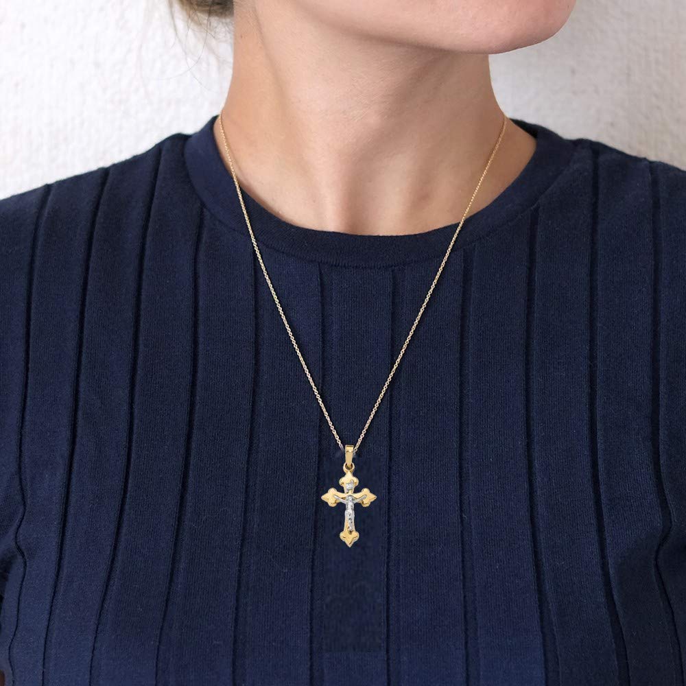 14K Two-Tone Yellow Gold & White Gold INRI Crucifix Fleur De Lis Cross Pendant Necklace - Religious Jewelry for Women & Men - Perfect for Baptism, First Communion, Confirmation & Spiritual Gifts