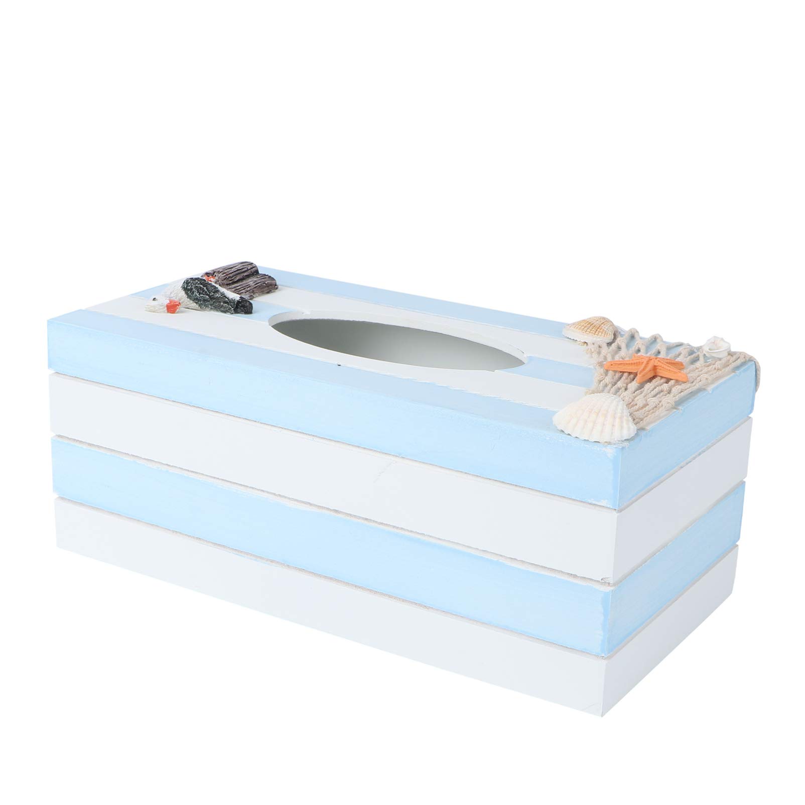 Mediterranean Wooden Tissue Box Cover - Coastal Beach Nautical Decor for Bathroom, Living Room & Bedroom - 9.45