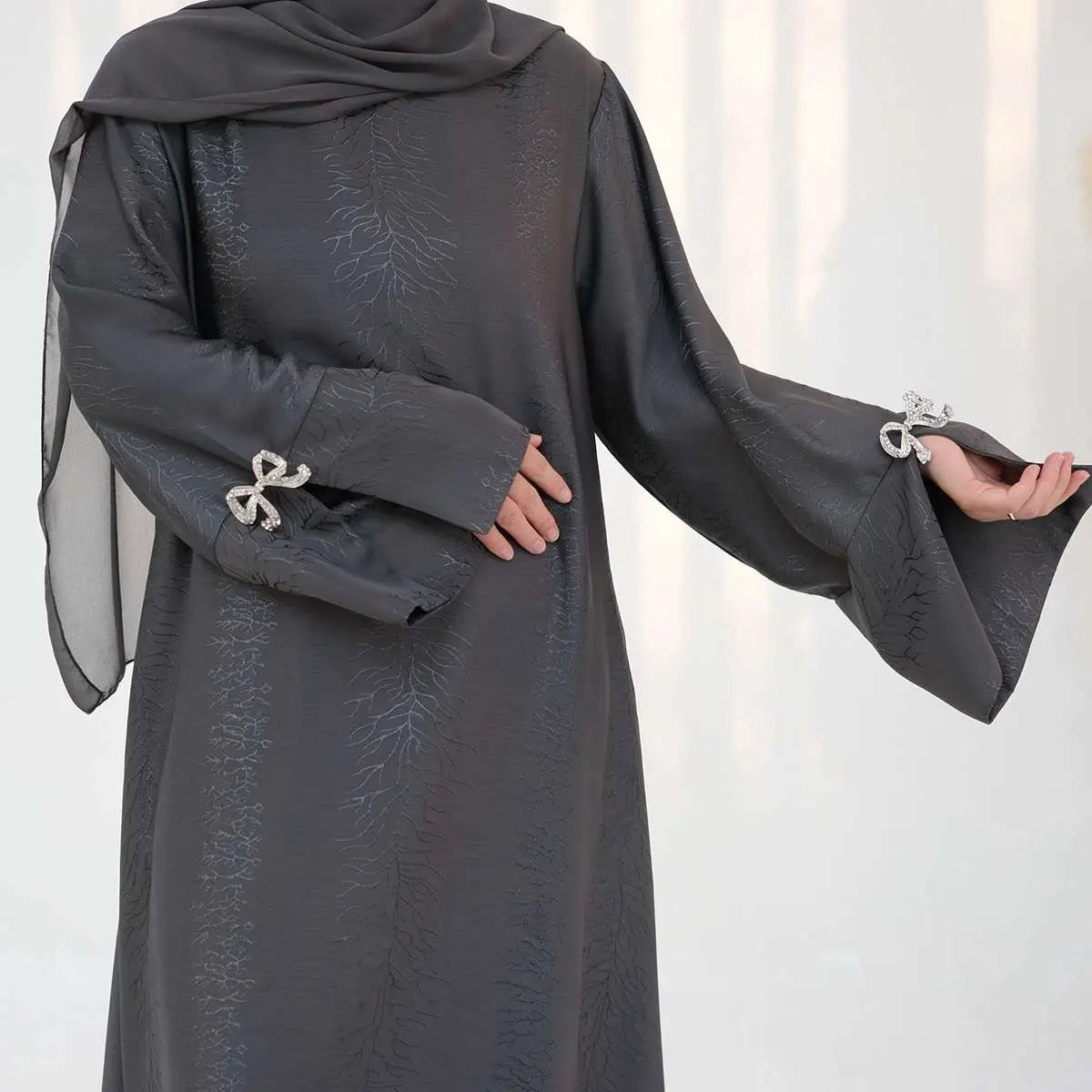 Elegant Jacquard Satin Bow Abaya Dress #25006 - Modest Muslim Women's Prayer Dress for Special Occasions & Daily Wear
