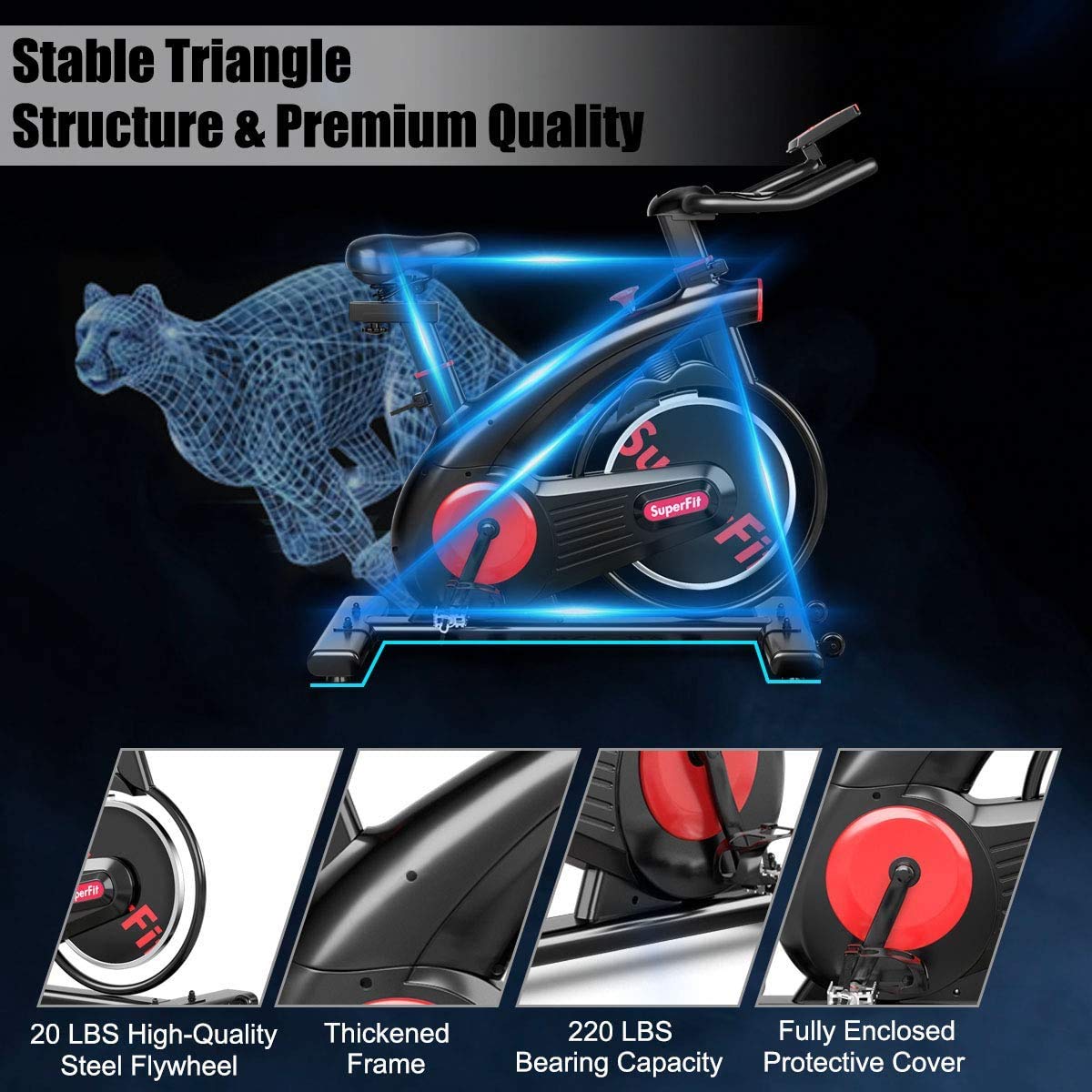 Moccha Indoor Cycling Bike - Silent Belt Drive Exercise Bike with 20 LBS Steel Flywheel, Adjustable Resistance & Heart Rate Monitor - Perfect for Home Gym, Cardio Workouts & Indoor Training - Black and Red