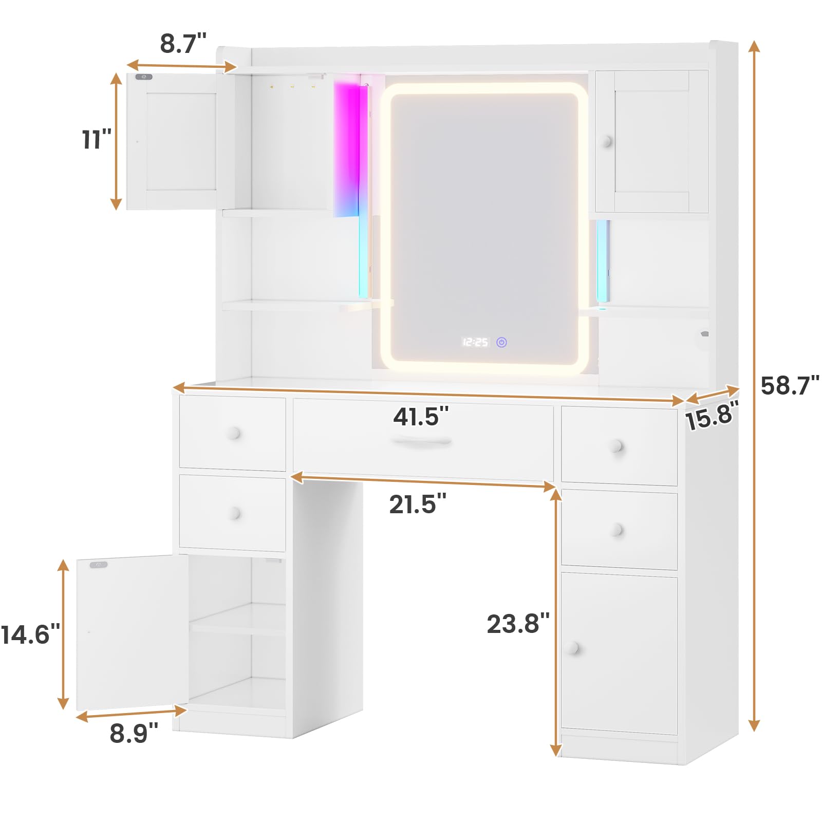 Tiptiper Large Vanity Desk with Mirror & LED Lights - Makeup Vanity Table with USB Charging Station, Smart Mirror with Time Display & 5 Storage Drawers - Perfect for Bedroom, Dressing Room & Home Salon (White)