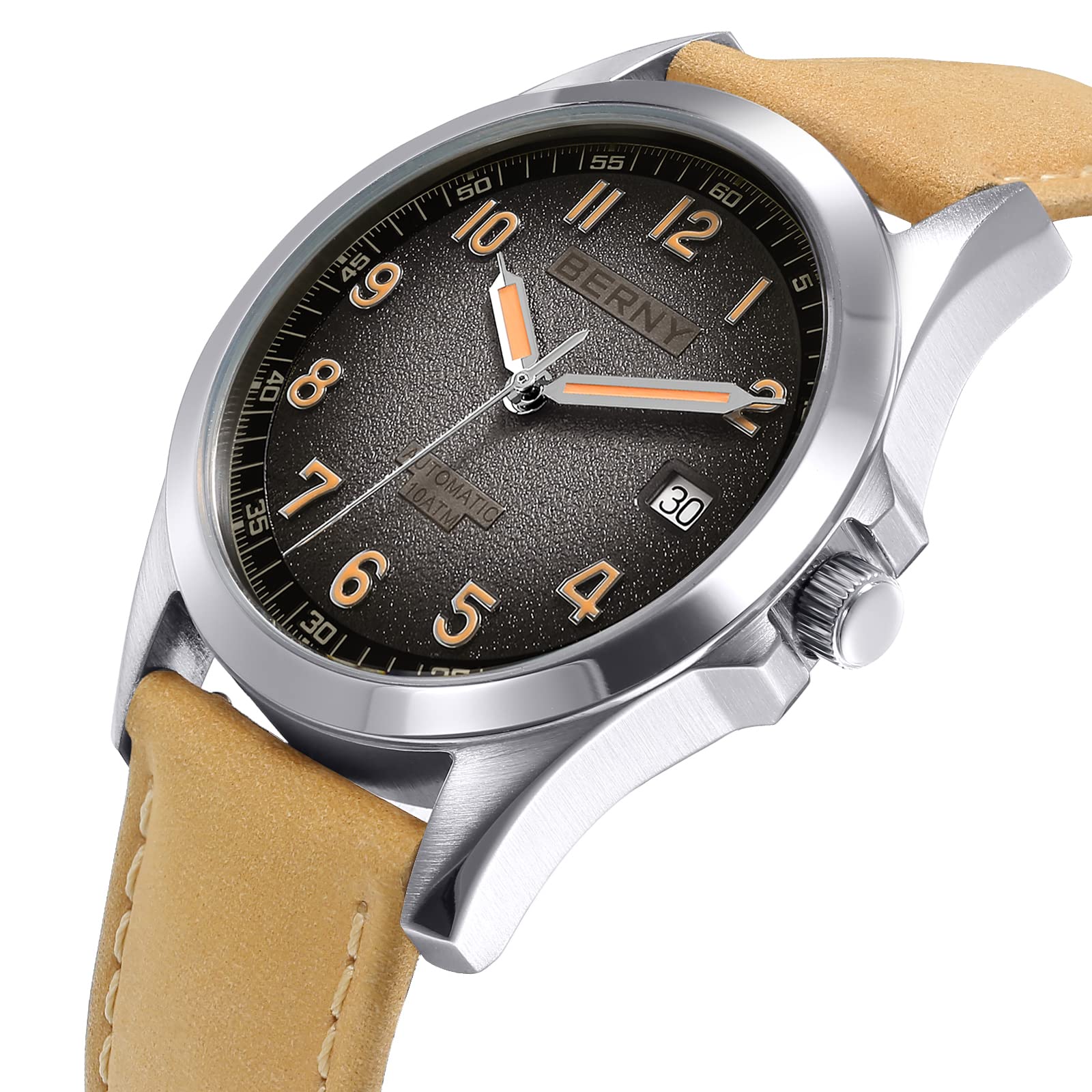 BERNY Men's Automatic Watch with Seagull ST2130 Movement - Leather Strap, Luminous Hands, 10ATM Waterproof, Sapphire Crystal Glass, Scratch Resistant - Perfect for Business, Casual & Outdoor Activities