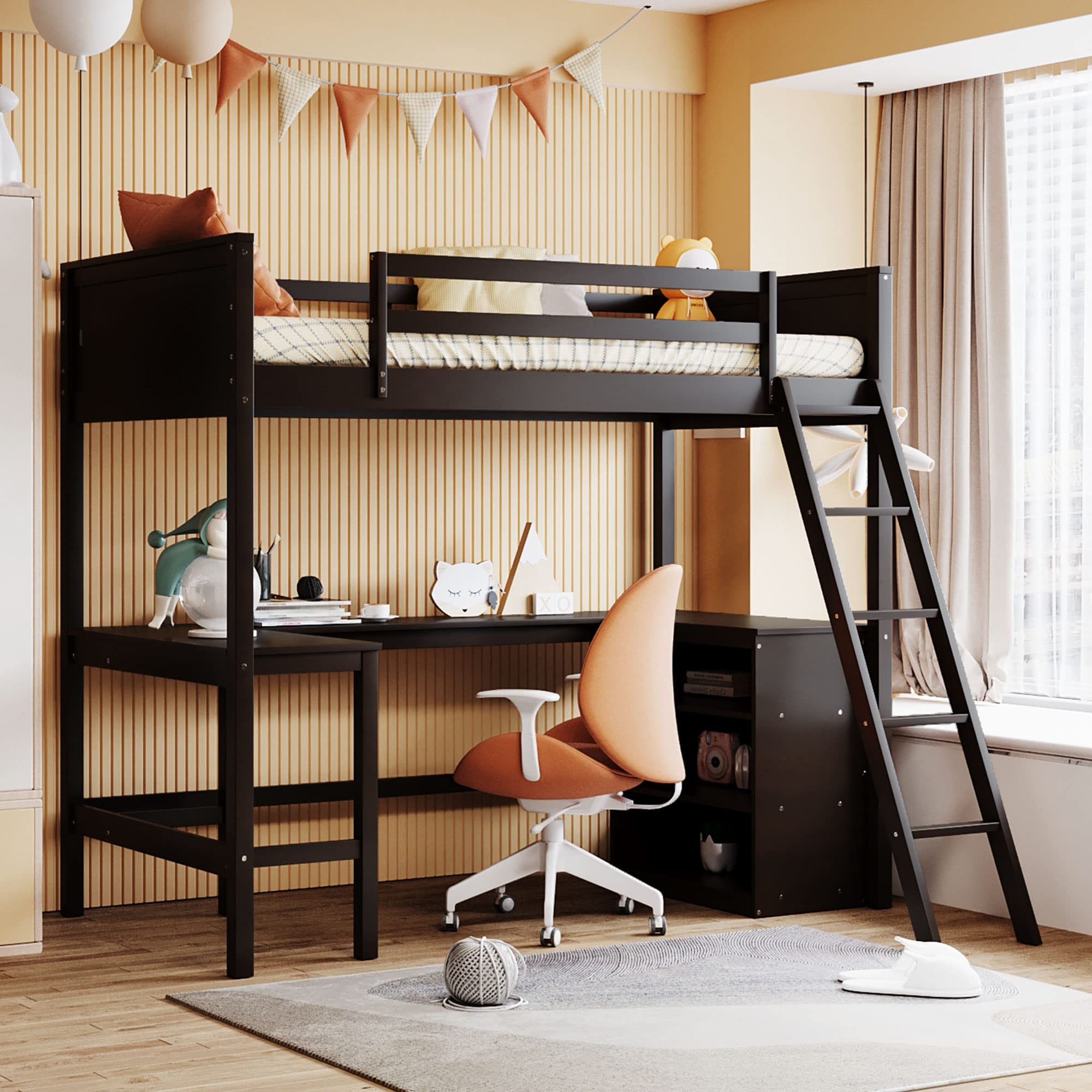 Twin Loft Bed with Desk and Shelves - Sturdy Wood Loft Bed Frame with Storage Drawers - Space Saving Kids, Teens & Adults Bedroom Furniture - Espresso Finish - Perfect for Small Rooms, Dorms & Apartments