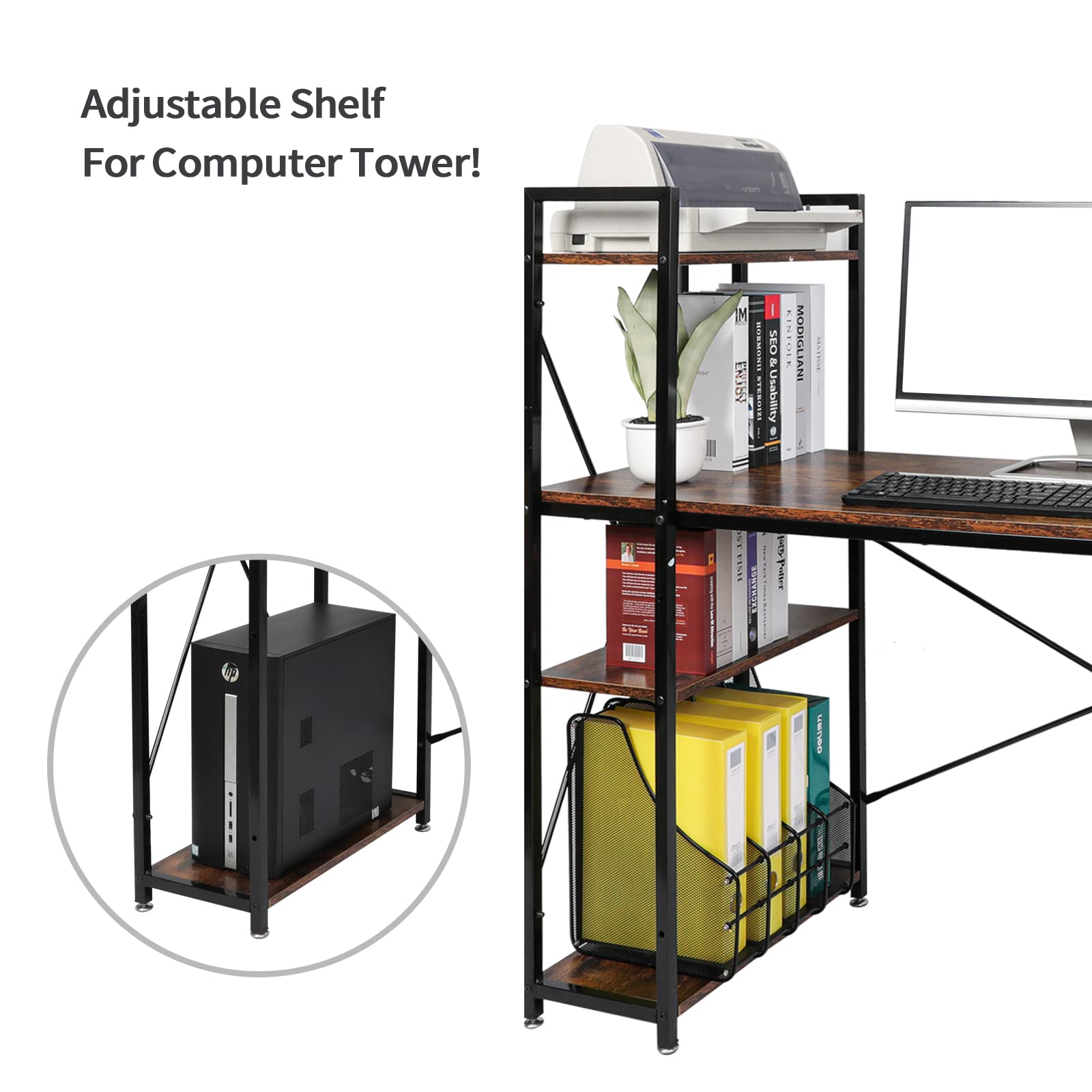 47-inch Black Metal Computer Desk with 4-Tier Storage Shelves - Rustic Brown Corner Study Desk for Home Office, Gaming & Workspace - Utopia Alley Ergonomic Writing Table with Bookshelves