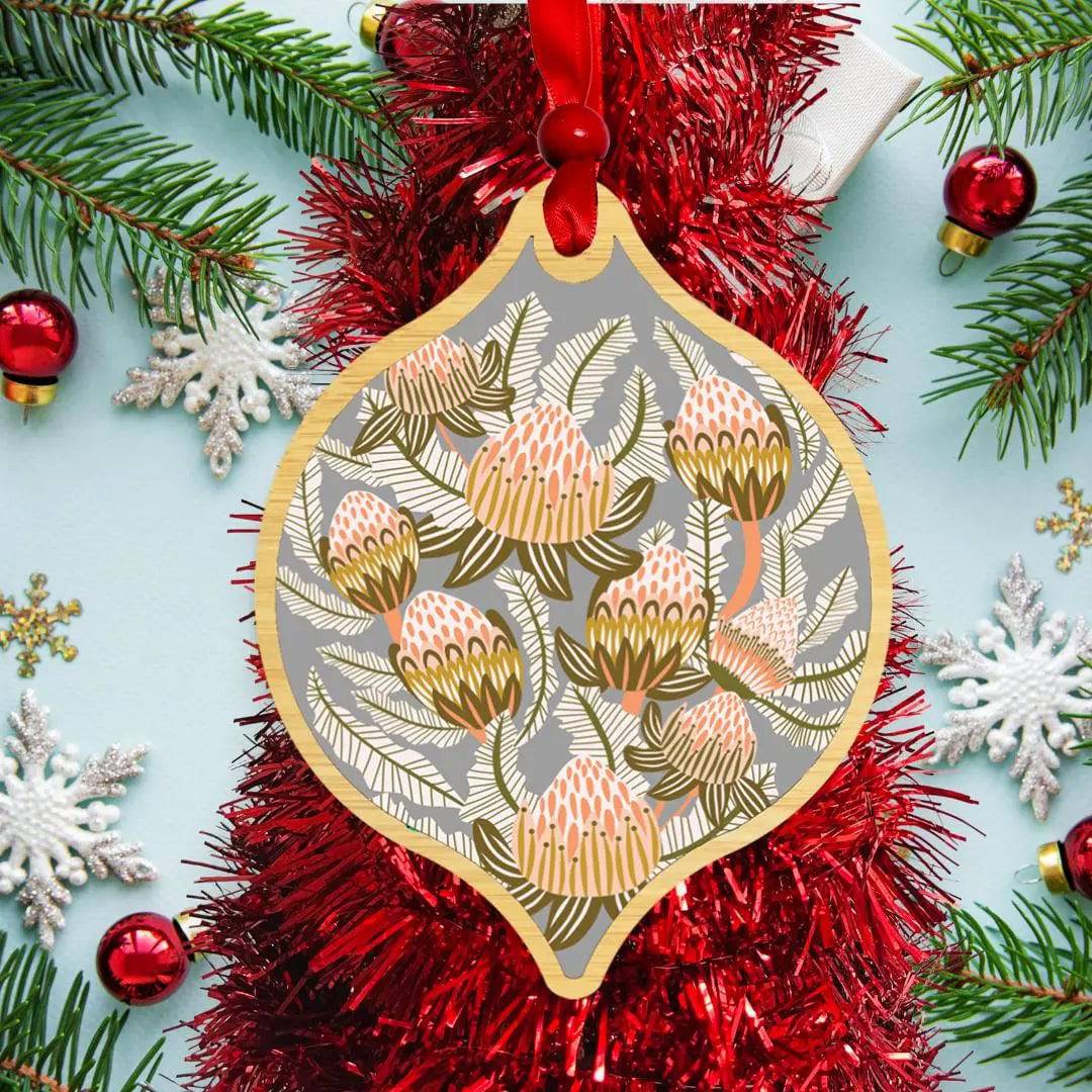 Bush Proteas Christmas Bauble – Handmade Floral Ornament for Holiday Tree Decor, Festive Home & Office Decoration