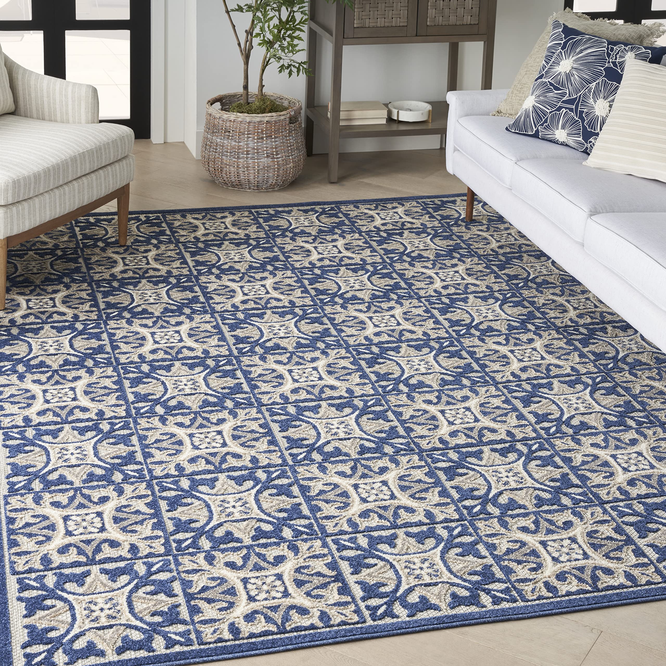 Nourison Aloha Indoor/Outdoor Blue 9' x 12' Area Rug - Easy to Clean, Non-Shedding, Stain Resistant - Perfect for Bedroom, Living Room, Dining Room & Kitchen - Great for Patio, Deck or Poolside Use (9x12)