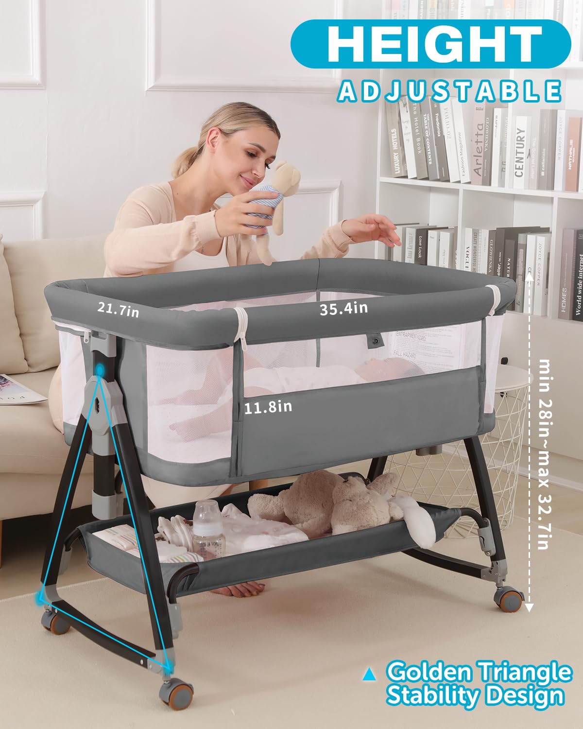 Portable Baby Bassinet with Wheels & Breathable Mesh - Adjustable Height, Foldable Design, Mosquito Net & Storage Basket - Perfect for Nursery, Bedside Co-Sleeping & Travel (Grey)