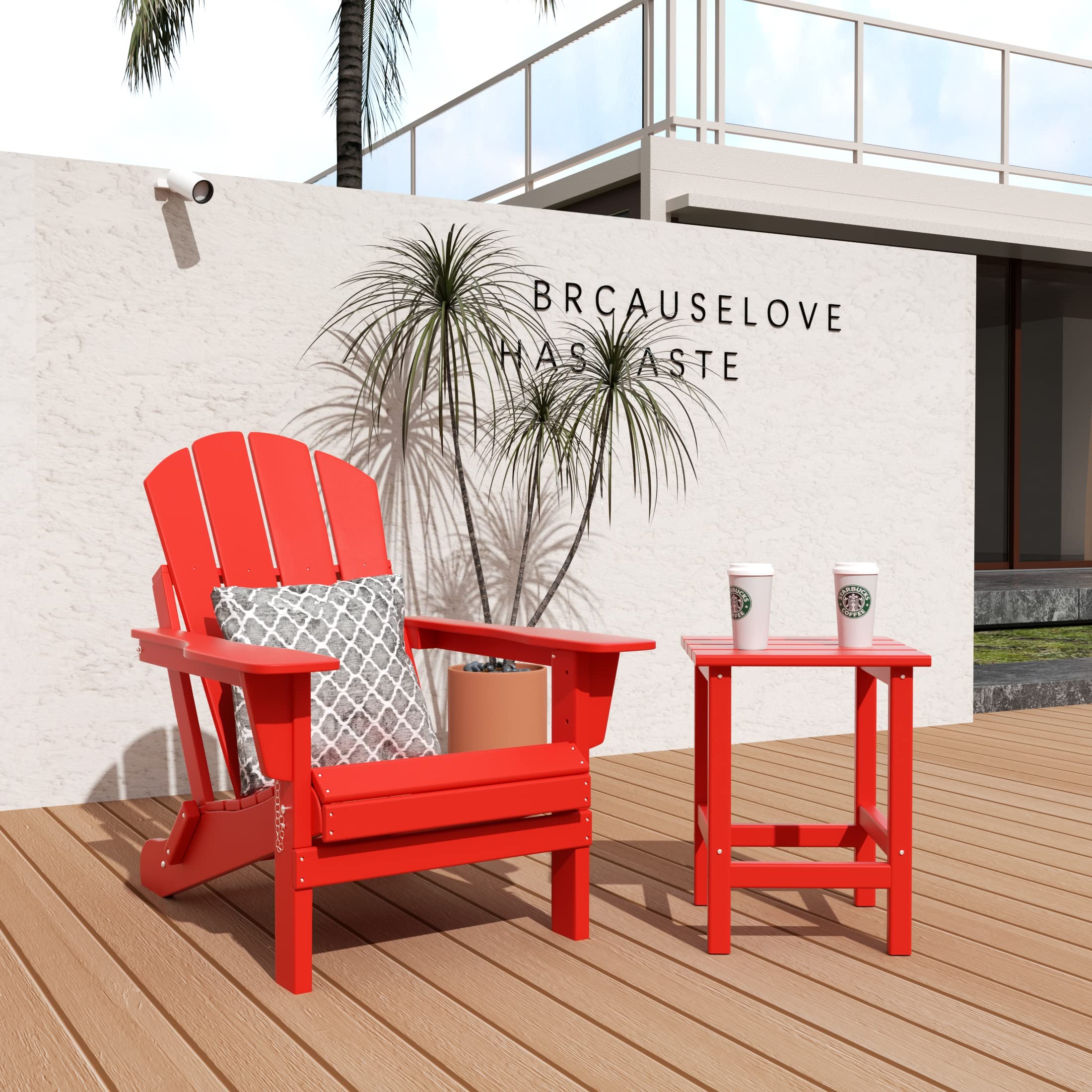 WO Home Furniture 2-Piece Adirondack Chair and Side Table Set - Outdoor Folding Chairs with Weatherproof & UV Resistant Design for Lawn, Garden, Bonfire, Balcony, Patio (Red) - Perfect for Relaxing and Entertaining Outdoors