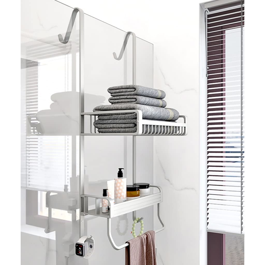 Premium Metal Over Shower Door Caddy - 2-Tier Hanging Bathroom Storage Organizer with Built-in Hooks & Baskets for Shampoo, Body Wash (40x22x73cm) - Perfect for Small Bathrooms, Apartment Showers & Space-Saving Organization