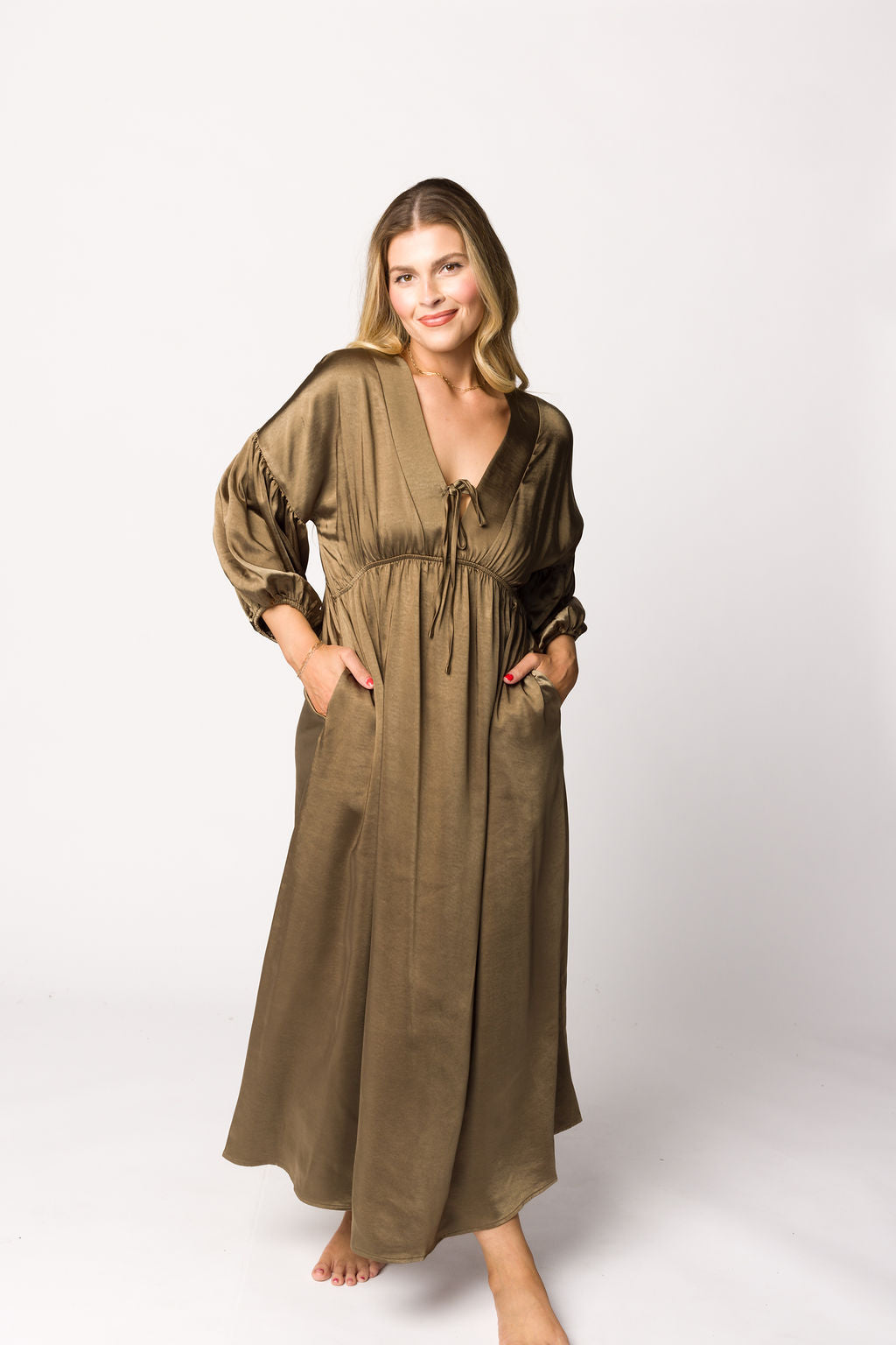 Hunter Premium Satin Midi Dress in Tapenade - Bump Friendly Maternity Dress for Special Occasions & Date Nights