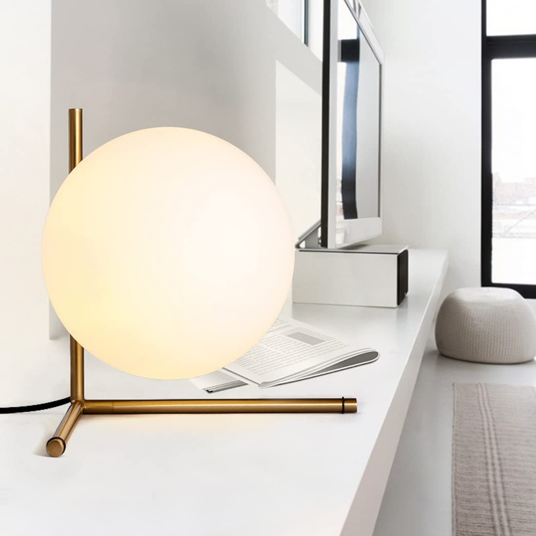 Gold Plug-in Table Lamp with White Glass Orb - Modern Desk Light for Bedroom, Living Room, Office & Study | Perfect for Nightstand, Reading & Workspace Lighting