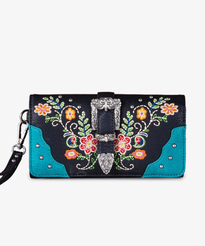 Montana West Floral Embroidered Buckle Wallet for Women - Stylish Leather Clutch with RFID Protection | Perfect for Everyday Use, Travel & Special Occasions