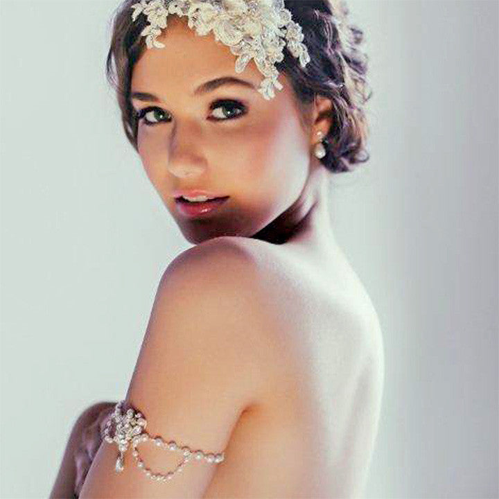Elegant Kezani Pearl Wedding Armband - Pretty Eloise Pearl Drape Bridal Jewelry for Weddings, Prom & Special Occasions