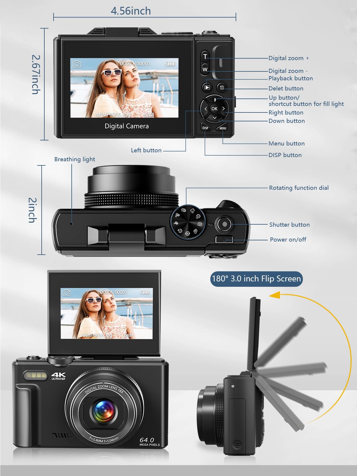 4K Digital Camera for Photography & Vlogging - 18X Zoom Retro Camera with 3