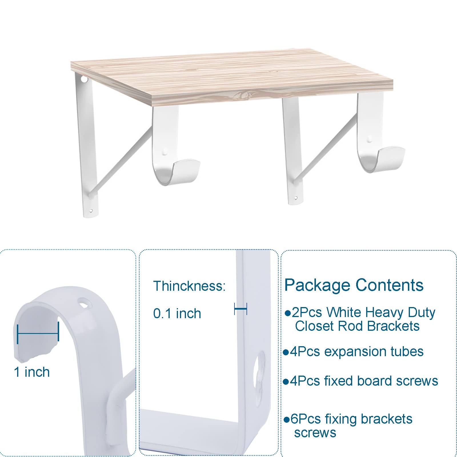 2 Pack Heavy Duty White Closet Rod Brackets - 10.9