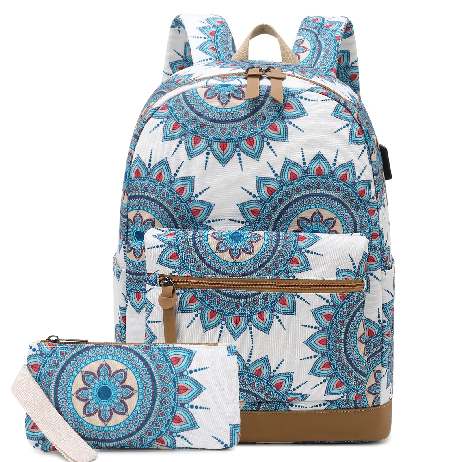 Bohemian Style Laptop Backpack for Women & Girls - Water Resistant College Bookbag with USB Charging Port, Stylish Casual Daypack for School, Travel & Work (Blue-White) - Perfect for Campus, Commuting & Weekend Getaways