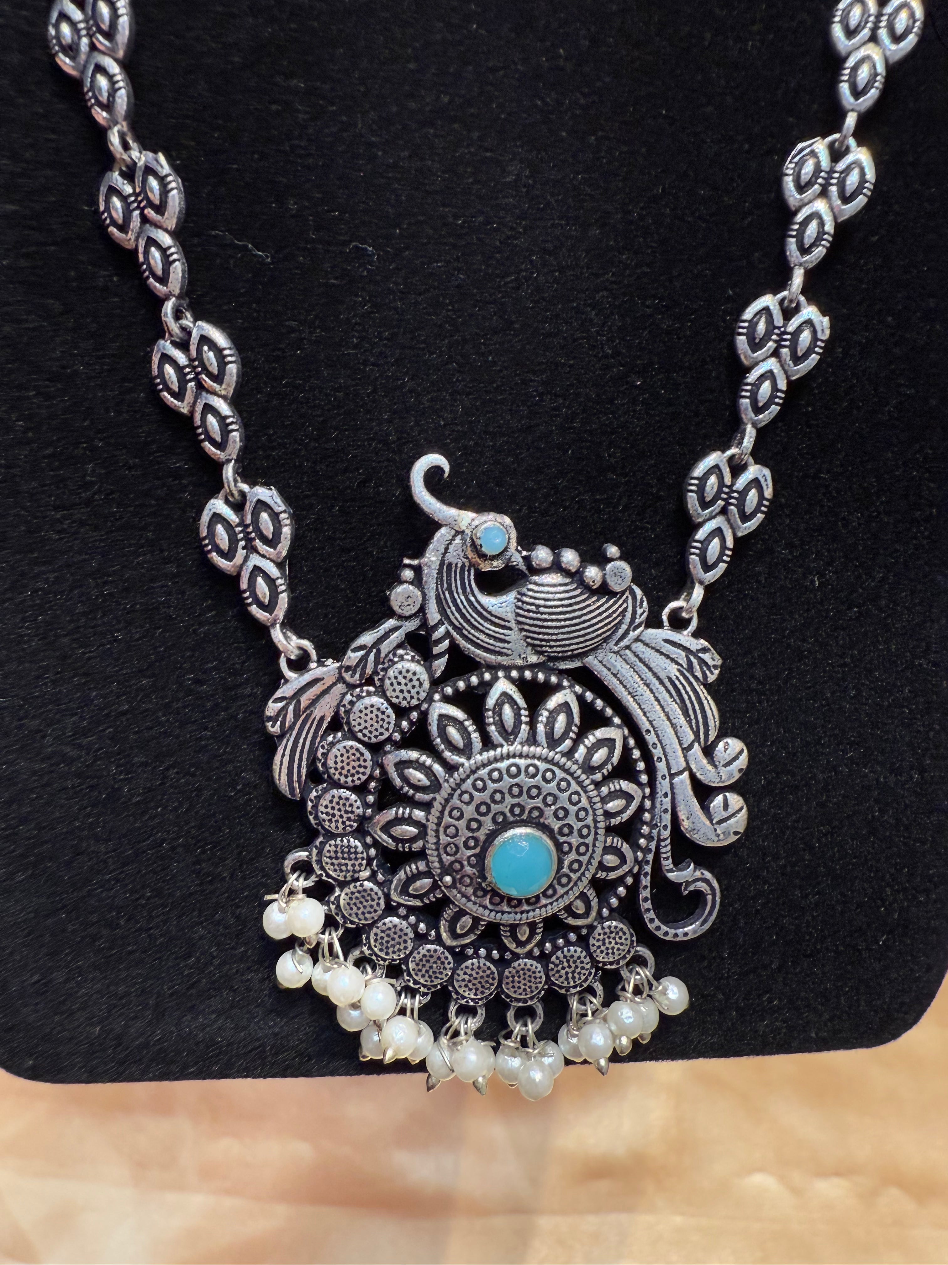 Elegant Sky Blue Peacock Design Oxidized Necklace with White Beads & Jhumka - Perfect for Weddings, Parties & Boho Fashion Accessories