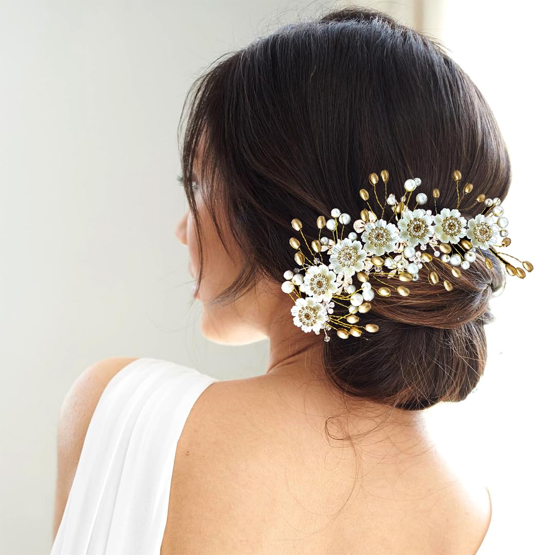 Ansh Elegant Artificial Metal Floral Hairpin with Silver & Golden Pearls | Stylish Hair Clips & Juda Pins for Women & Girls | Perfect for Weddings, Parties & Daily Wear (Combo Pack 2351 & 2352)