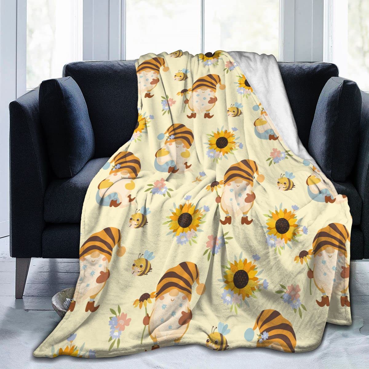 Soft Flannel Blanket with Sunflower, Honey Bee & Gnome Print - Lightweight Cozy Throw Blanket 60x80 Inches for Couch, Bed, Sofa - All Season Comfort for Kids, Women & Men - Perfect for Home Decor, Gift Giving & Cozy Nights
