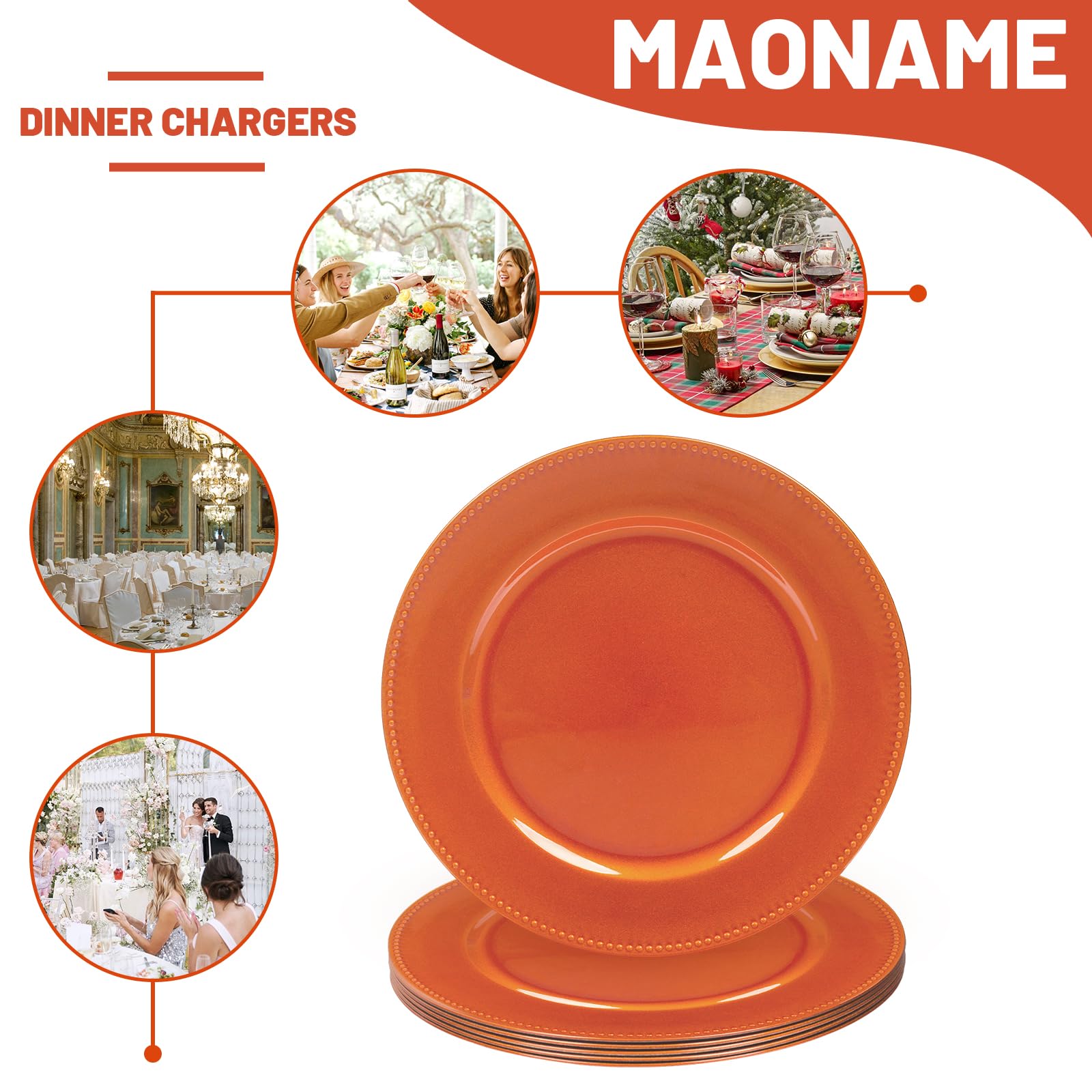 MAONAME 13 Inch Orange Plastic Charger Plates with Beaded Edge - Set of 6 Round Dinner Plates for Wedding, Party, Holiday Table Decor - Perfect for Formal Dining, Buffet Service, and Special Occasions