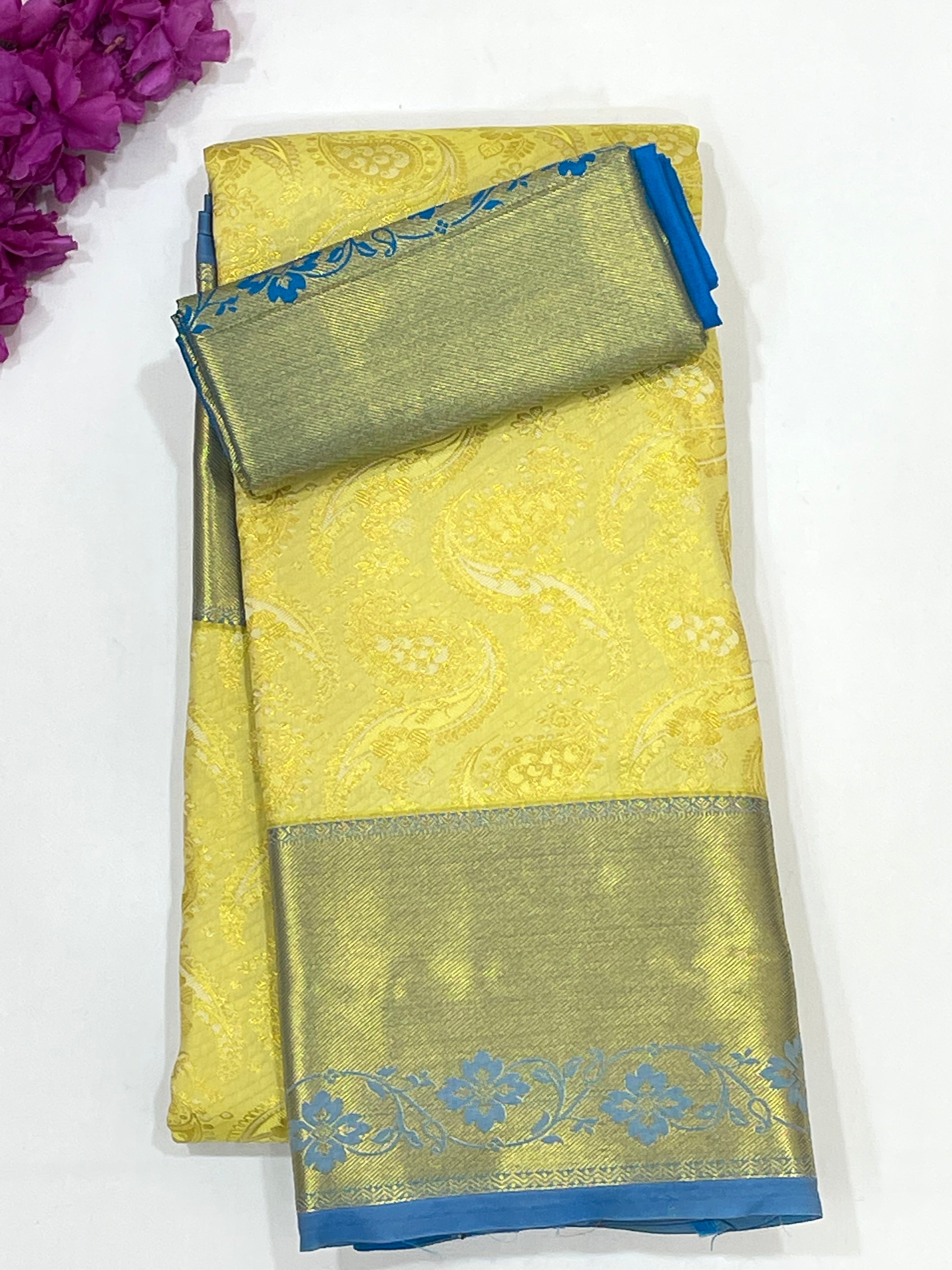 Elegant Yellow Pure Kanchi Silk Saree with Gold Zari Work for Women | Traditional Indian Attire for Weddings, Festivals & Special Occasions