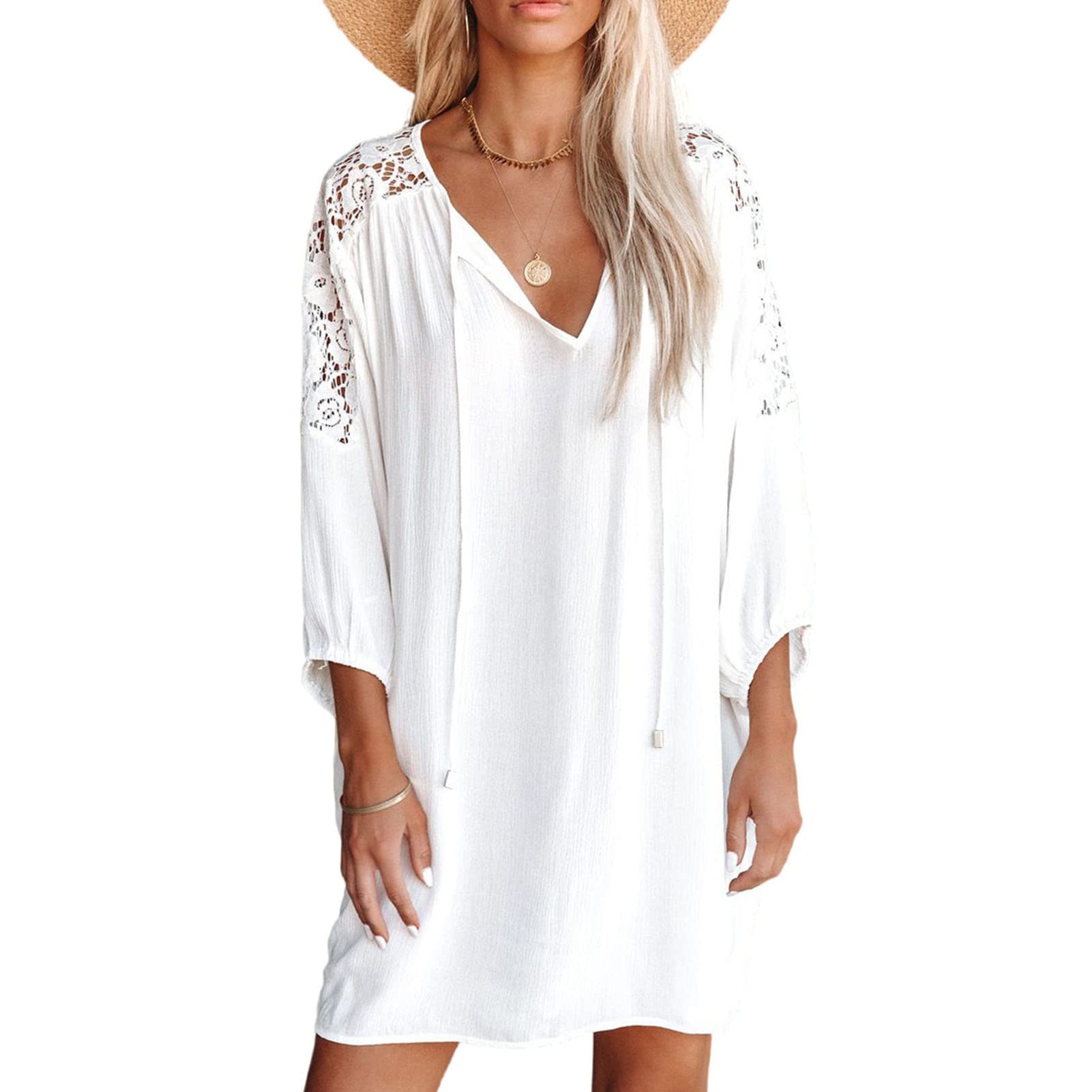 GOTOTOP Women's Summer Floral Lace Dress - Deep V Neck, Loose Waist, 3/4 Sleeve Flowy Casual Dress for Beach, Party & Vacation Outfits