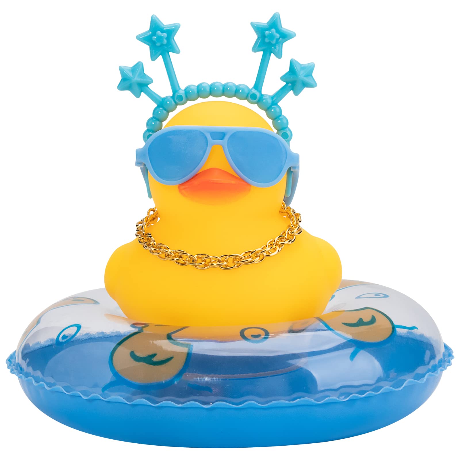 Wonuu Cute Rubber Duck Car Ornament with Headband, Swim Ring, Necklace & Sunglasses - Blue Star Headband Dashboard Decor for Cars - Perfect for Gifts, Parties & Car Accessories