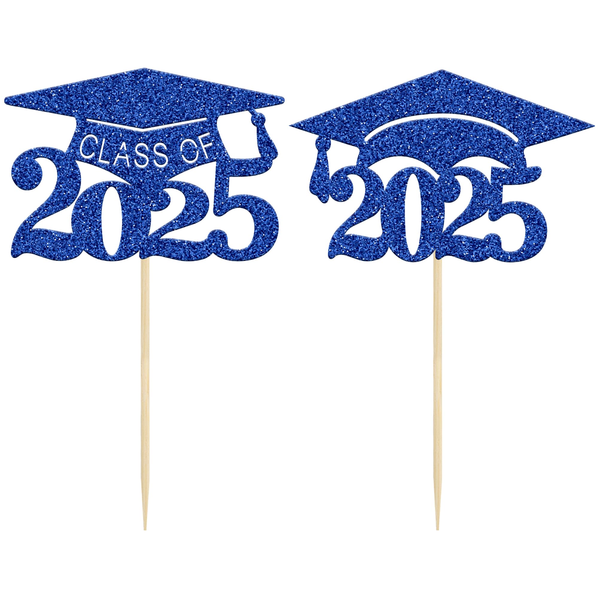 24Pcs 2025 Graduation Cap Cupcake Toppers - Glitter Class of 2025 Grad Cap Cake Decorations - Deep Blue - Perfect for Graduation Party, School Celebration & Dessert Decor