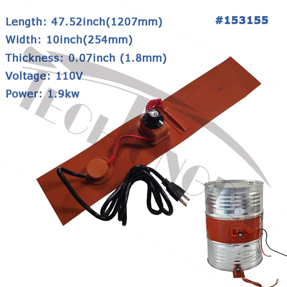 110V Oil Drum Heater with Temperature Control - 10x47.52 Inch Silicone Rubber Heating Blanket (1.9KW) - Perfect for Industrial Drum Heating, Chemical Processing & Cold Weather Applications