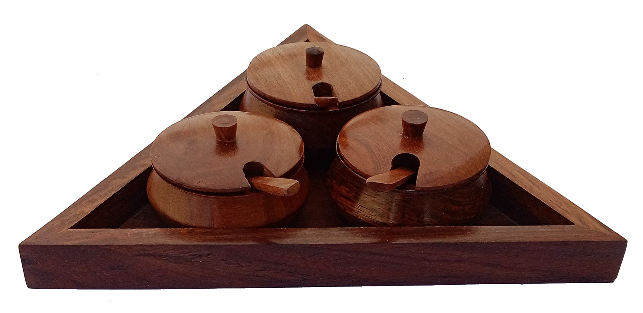 Purpledip Wooden Tray Set with 3 Glass Jars - Perfect for Pickles, Oils, Spices, Nuts & Mints Storage | Elegant Kitchen Countertop Organizer for Home, Restaurant & Gift Giving (12337)