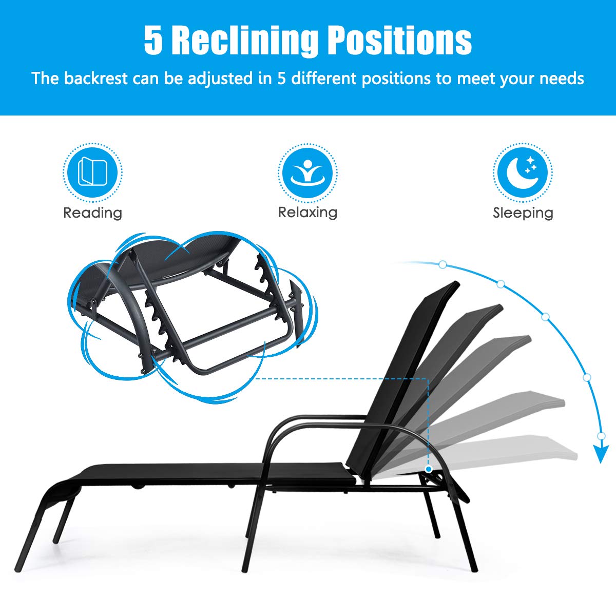 Tangkula 2-Pack Outdoor Lounge Chairs - Adjustable Reclining Poolside Chaise Lounges with Heavy Duty Steel Frame for Garden, Patio, Balcony | Perfect for Sunbathing, Relaxing by the Pool or Backyard Lounging