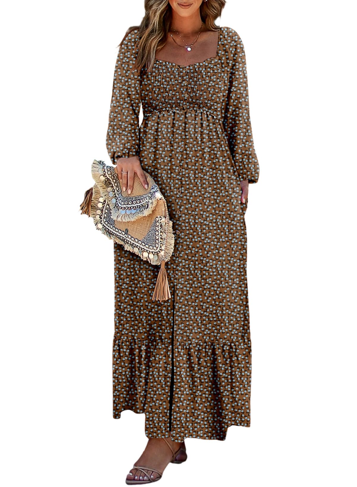 Dokotoo Women's 2025 Boho Floral Maxi Dress - Smocked Square Neck Long Sleeve Button Down Beach Sundress for Spring & Summer | Perfect for Vacations, Weddings & Outdoor Events