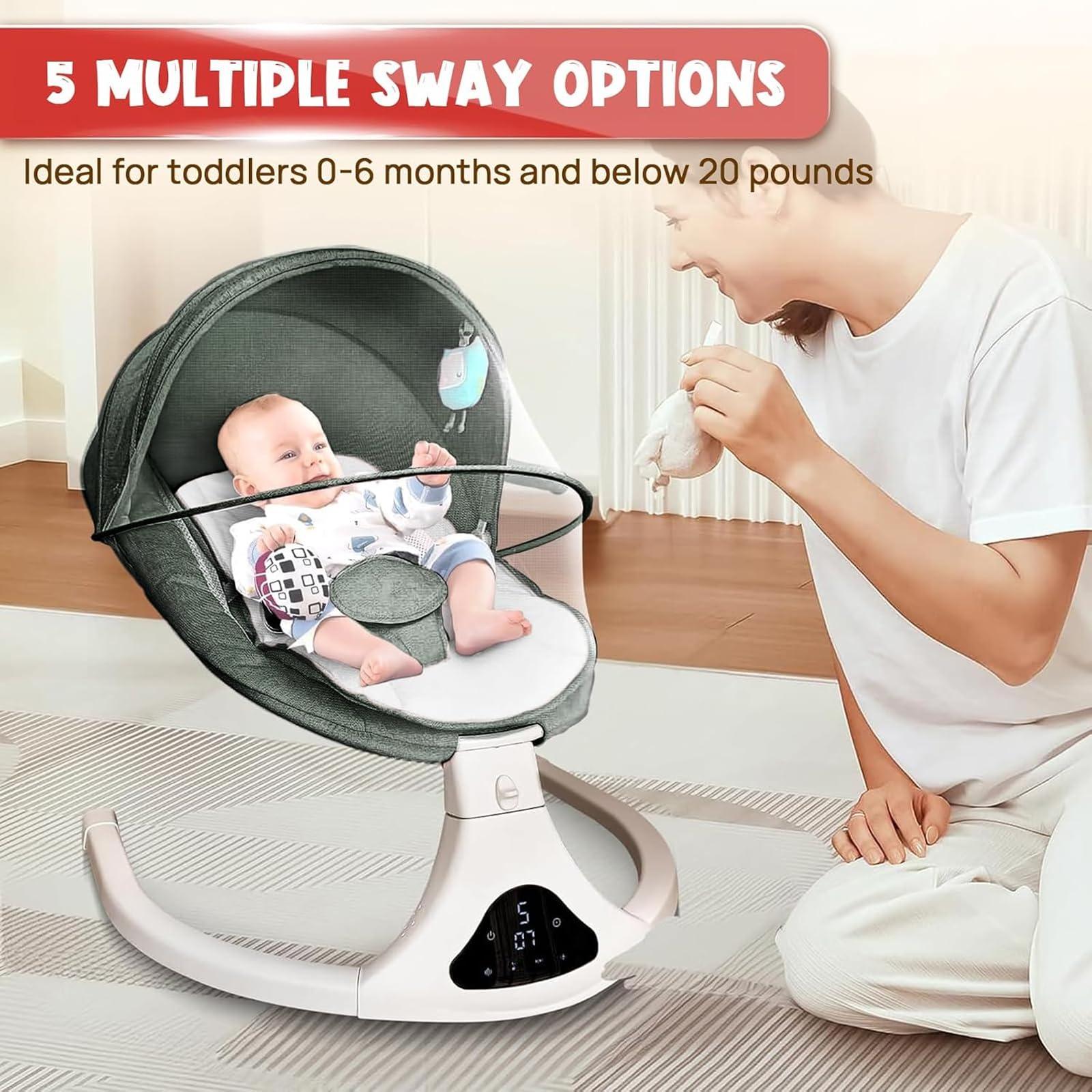 Portable Baby Swing for Infants to Toddlers - 5 Speed Adjustable Rocker with Remote Control, 3-Point Safety Harness & 3 Reclining Positions - Perfect for Nursery, Living Room or Travel (Green) | Ideal for Newborns, Baby Boys & Girls
