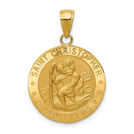 14K Yellow Gold 22mm Saint Christopher Pendant Necklace for Men - Religious Jewelry Gift for Baptism, Travel Protection & Faith Inspiration