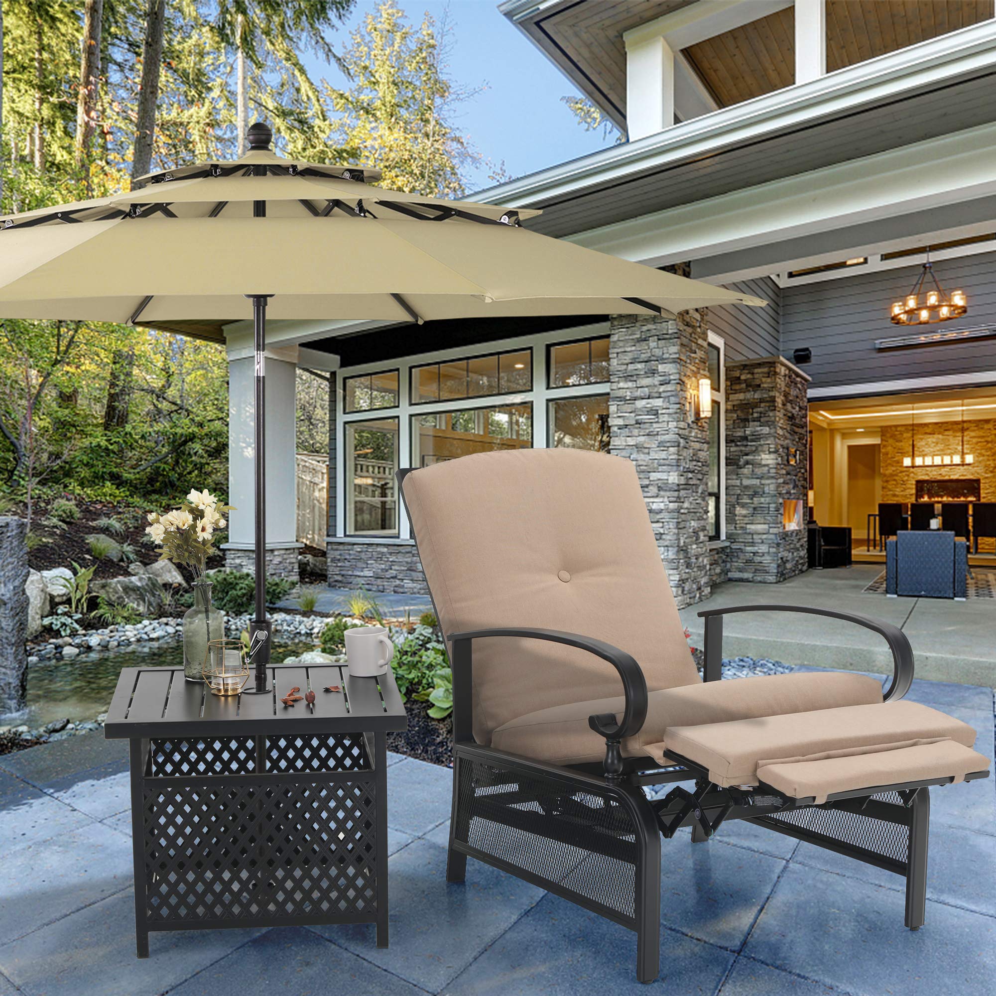 PHI VILLA Adjustable Patio Recliner Chair with Umbrella Table Set - Outdoor Lounge Chair for Poolside, Beach, Garden & Backyard Relaxation - Beige
