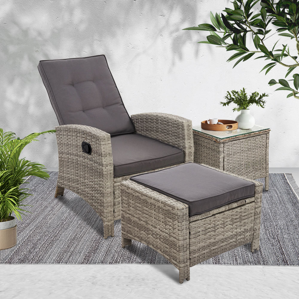3-Piece Elise Outdoor Recliner Chair with Ottoman and Side Table Set - Grey Patio Furniture for Backyard, Poolside & Garden Relaxation