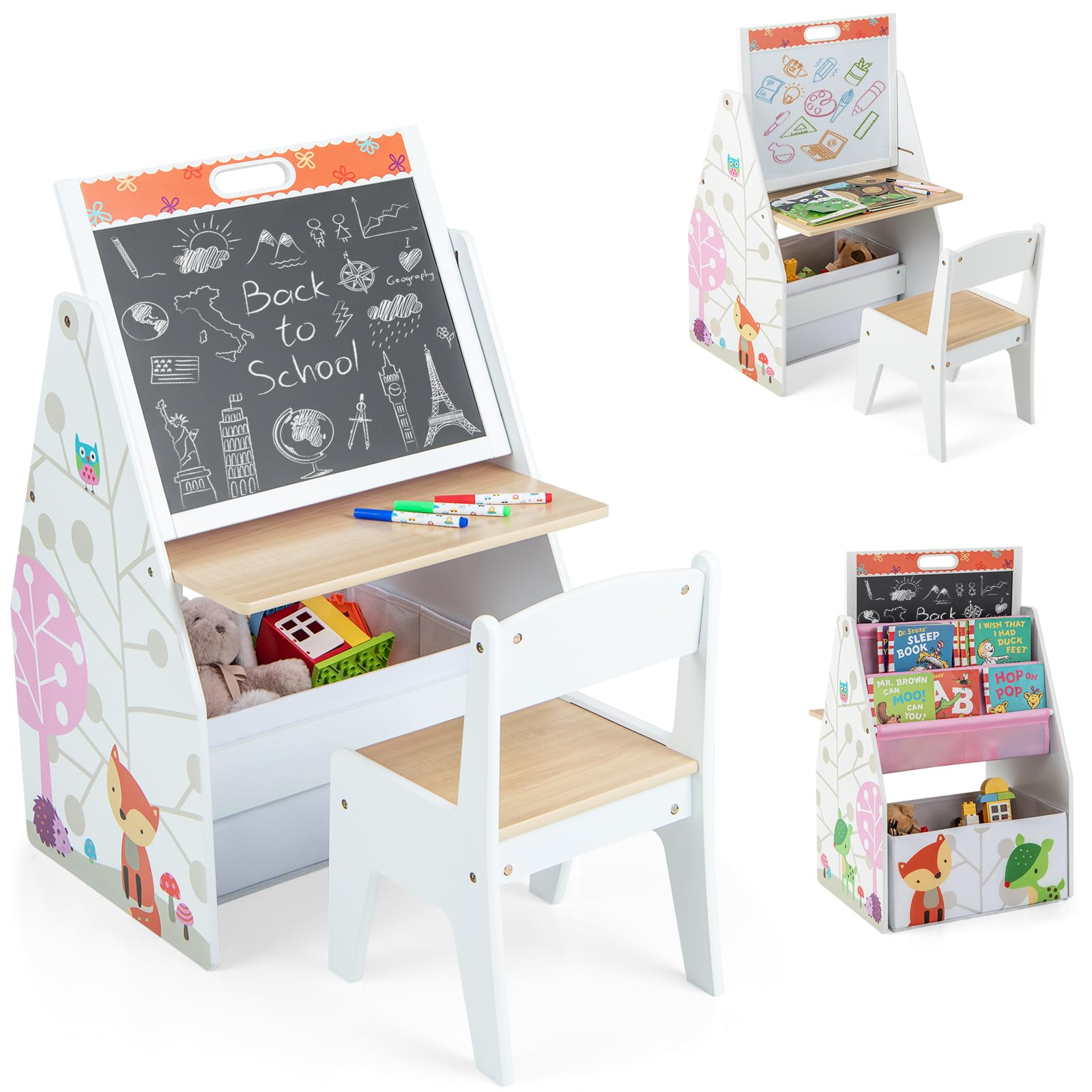 HONEY JOY Kids Art Easel - Adjustable Double-Sided Wooden Toddler Table & Chair Set with Magnetic Whiteboard & Chalkboard, Bookshelf & Storage Bin - Perfect for Arts & Crafts, Drawing & Learning - Ideal Gift for Boys & Girls (White) - Great for Home, Classroom & Playroom Activities