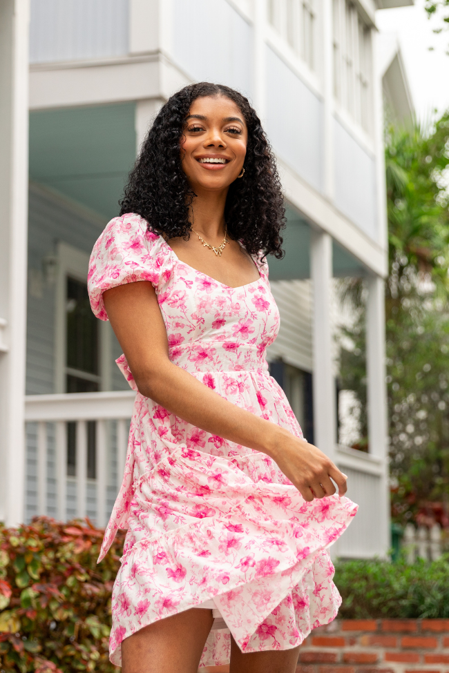 Elegant Pink Floral Dress with Back Bow Detail - Women's Party & Wedding Guest Dress - Perfect for Spring Events, Date Nights & Special Occasions
