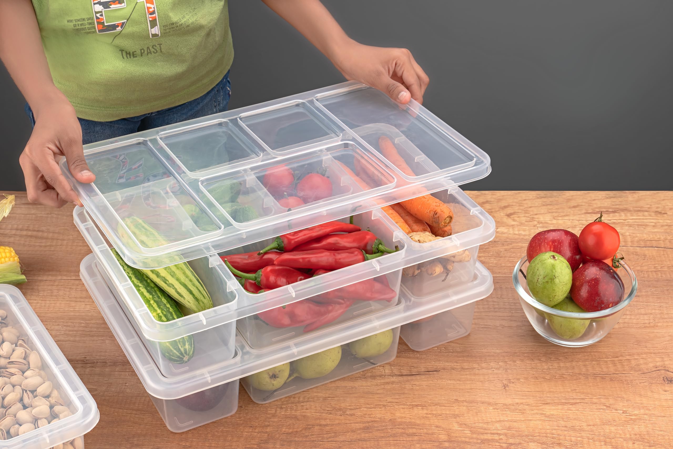 BPA-Free Plastic Airtight Food Storage Containers Set - 5 Compartment Fridge Organizer for Fresh Fruits, Vegetables, Meat & Fish | Kitchen & Pantry Organization | Meal Prep & Leftovers Storage