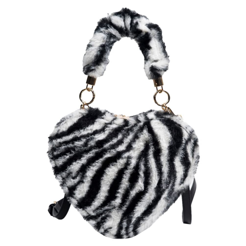 SOIMISS Fluffy Heart Purse - Soft Plush Leopard & Zebra Print Fuzzy Shoulder Bag for Women | Trendy Crossbody Clutch for Date Night, Party & Casual Outfits
