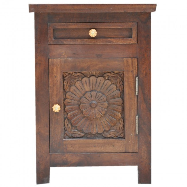 Hand Carved Solid Wood Nightstand with Drawer - Rustic Brown Bedside Table for Bedroom, Living Room & Home Decor - Perfect for Storage & Organization