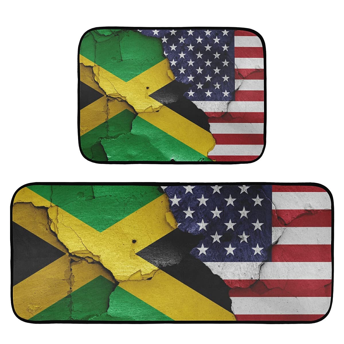 Jamaica & USA Flags Non-Slip Kitchen Rugs Set of 2 - Washable Floor Mats for Sink, Laundry & Home Decor | Perfect for American & Jamaican Themed Kitchens