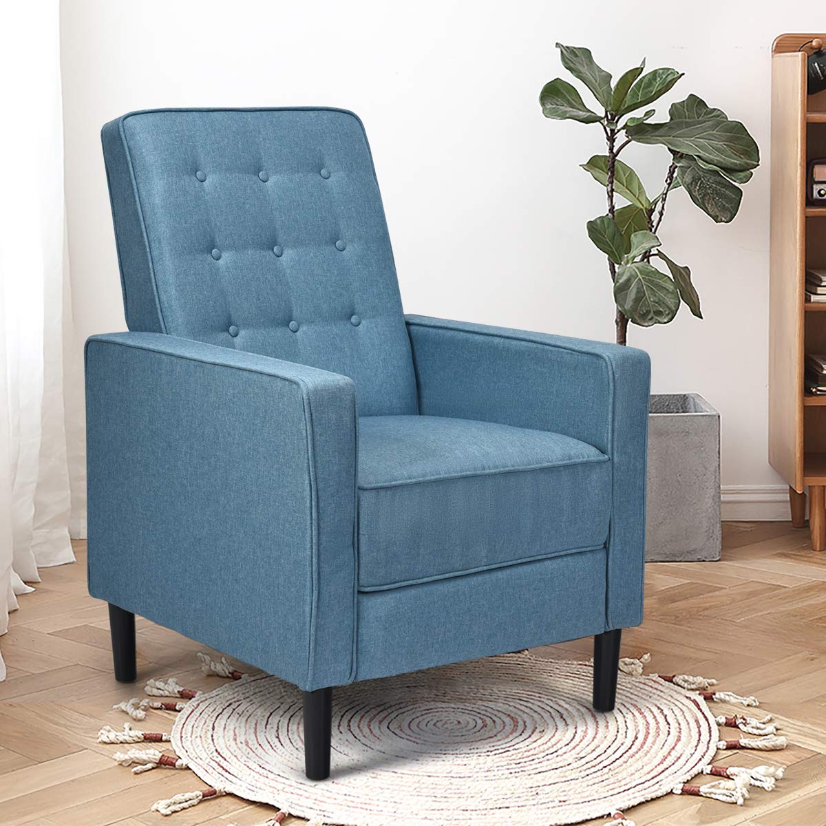 Giantex Modern Fabric Push Back Recliner Chair with Button-Tufted Back, Comfortable Accent Armchair for Living Room, Bedroom & Home Office - Blue - Perfect for Relaxing, Watching TV & Reading